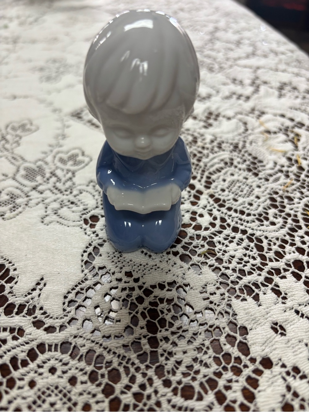Blue and White Ceramic Praying Boy Figurine
